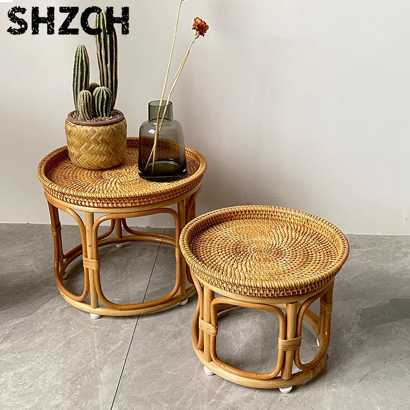 Handwoven Rattan Southeast Asian Style Retro Side Table Living Room  Tea Dessert Serving Table Vintage End Table with Storage