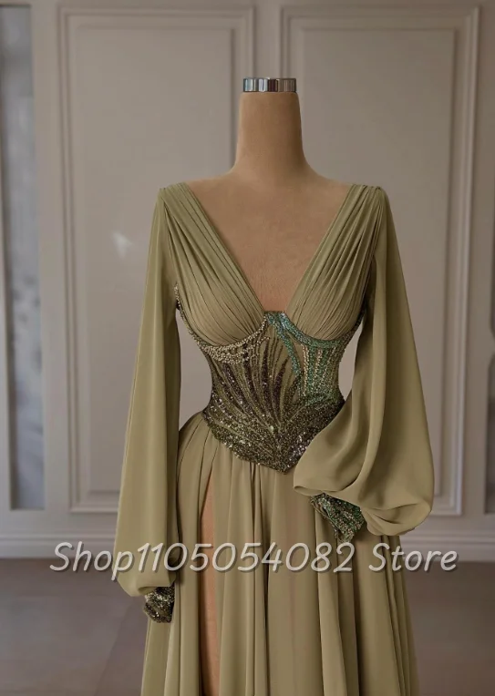 Customized Olive Green Fairy Vintage Wedding Dress V Neck Studded Diamonds Lantern Sleeve Pleated Floor Slit European Bridal Gow