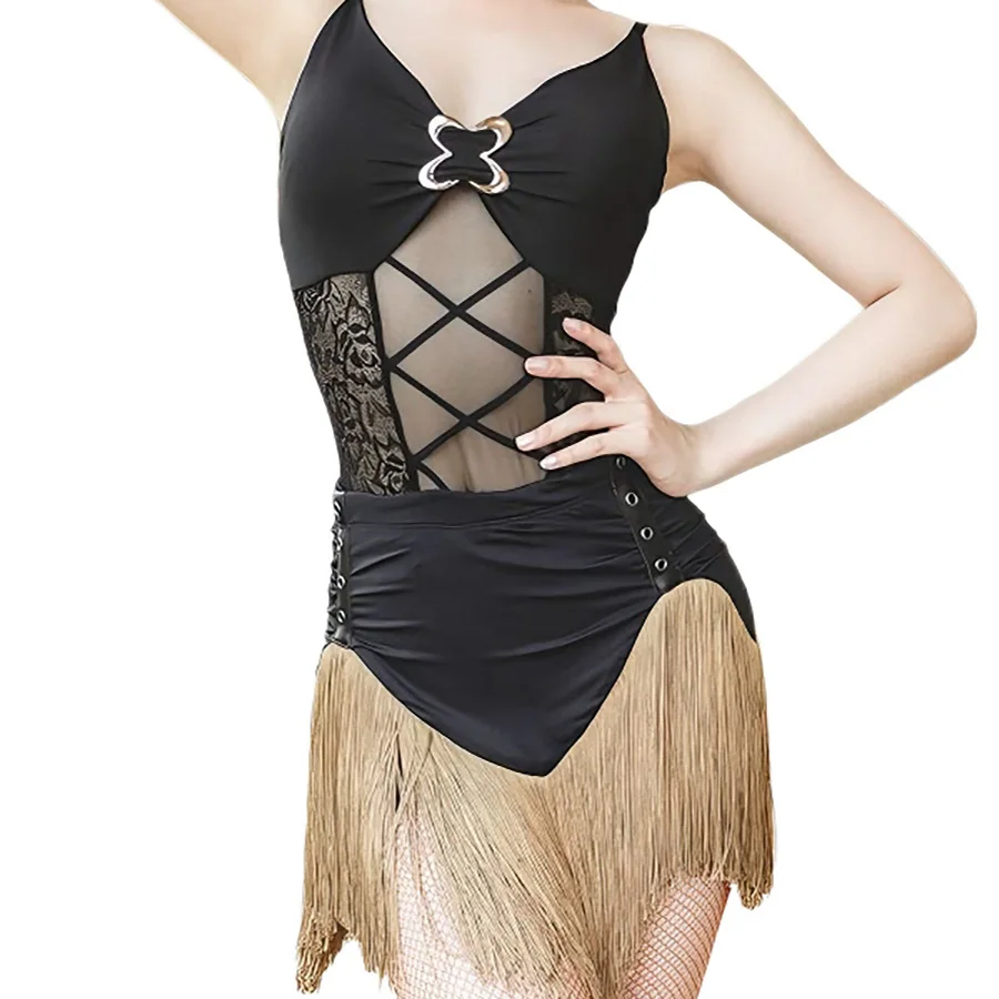 

CLYFAN Women Latin Dance Dress Fringe Tassel Mesh Lace Salsa Samba Ballroom Competition Performance Costume Black