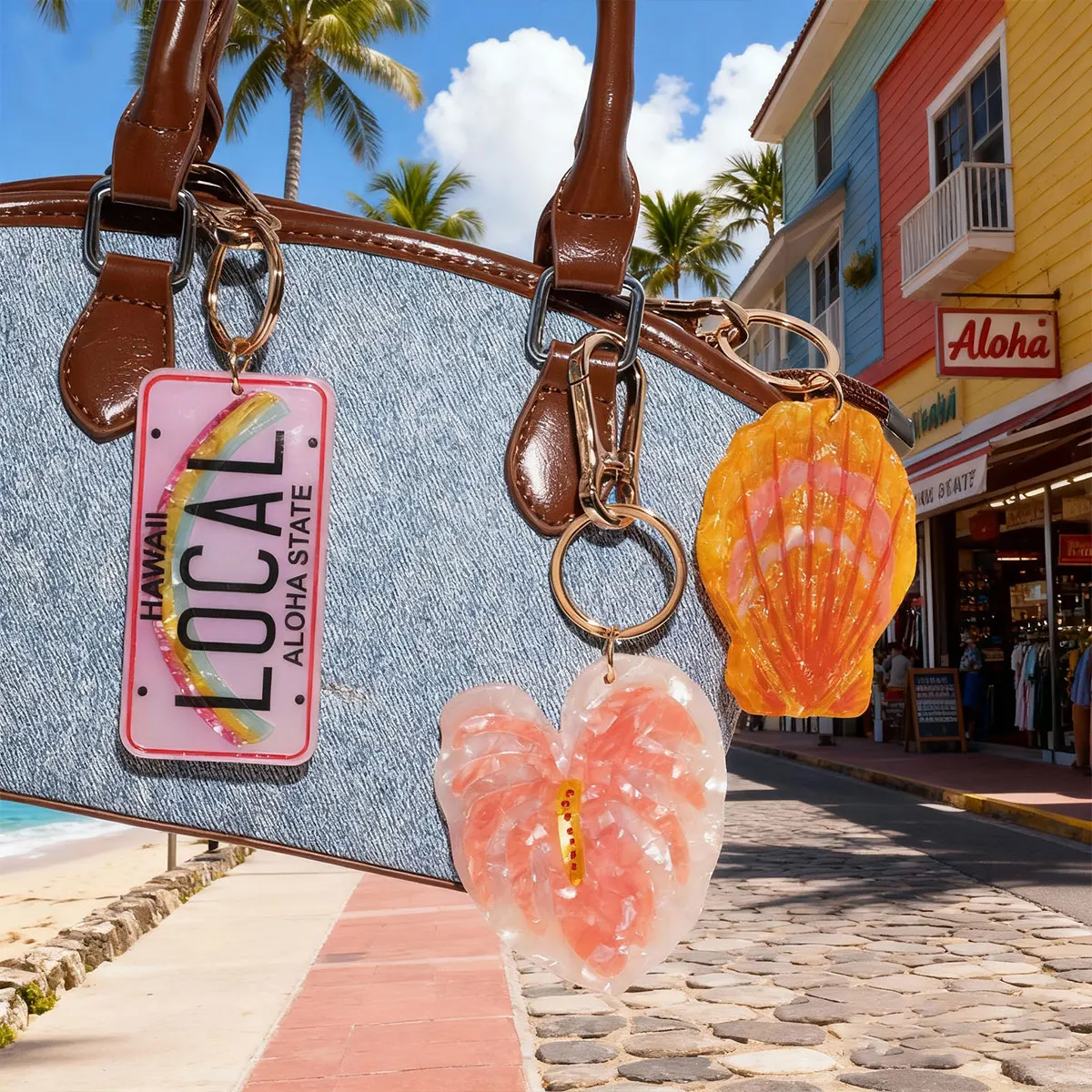 1 piece personalised novelty Island Hawaii local license plate Hawaii flower shell bag charm keychain