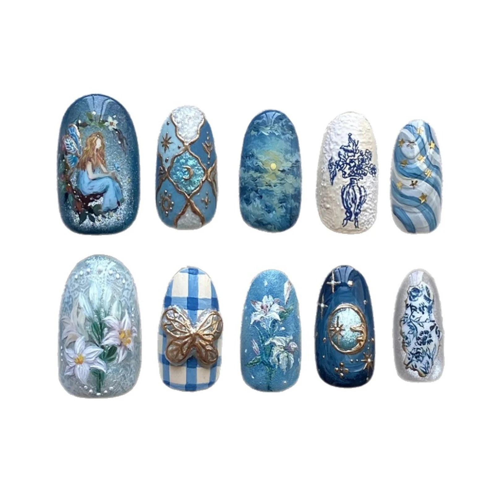 24 pezzi di fata estate modello di fiore blu stampa sulle unghie serie di pittura a olio di mandorle lucide unghie finte affascinanti unghie finte indossabili