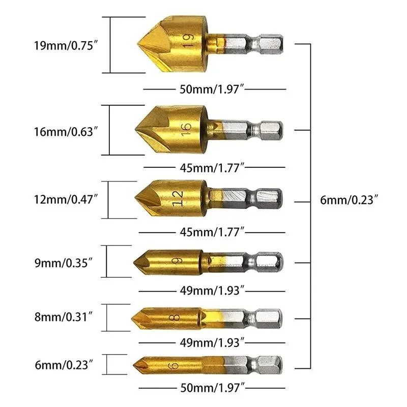 3/6pcs Countersink Drill Bit Set 1/4\'\' Hex Shank HSS 5 Flute Countersink 90 Degree Wood Chamfering Cutter Chamfer 6mm-19mm