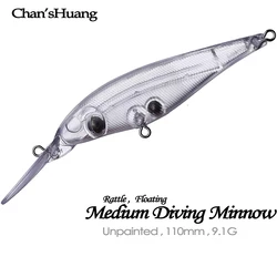 Chan’sHuang 30PCS Unpainted Blanks Bait 110mm 9.1g Floating Medium Diving Lip Minnow DIY Handmade Artificial Fishing Lure Tackle
