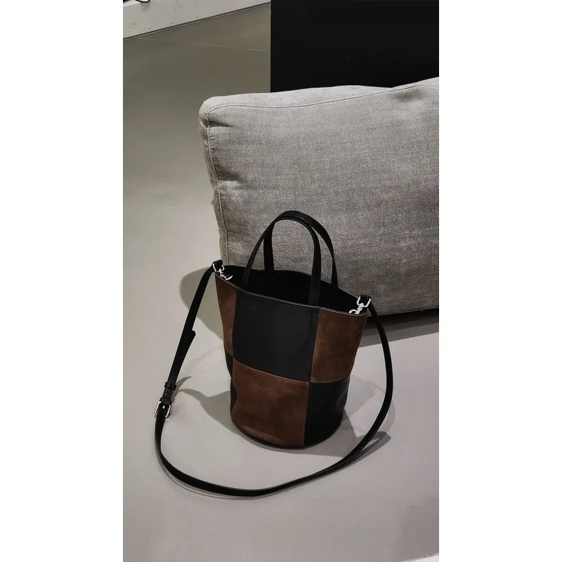 Genuine Cowhide Leather Tote Bag Color Block Patchwork Crossbody Handbag With Strap For Women Daily Ample Storage Space