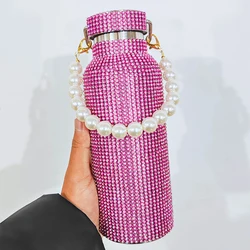 2024 New 750ml Bling Diamond Thermos Bottles Portable Glitter Rhinestone Water Bottle Crossbody Stainless Steel Thermal Flask