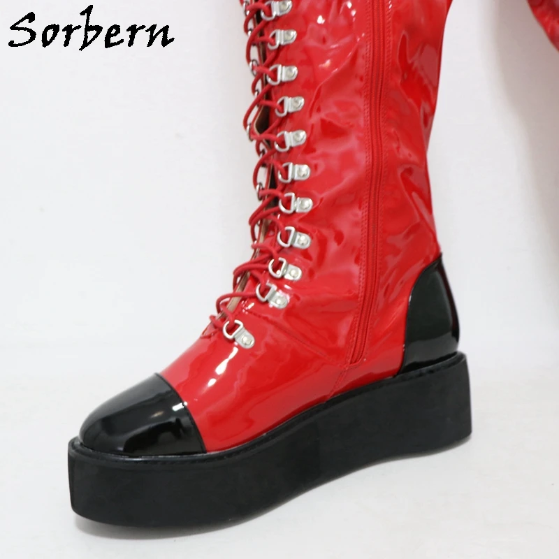 Sorbern Wedge High Heel Thigh High Boot Unisex Lace Up Flatform Winter Plush Lining Platform Shoes Round Toe Large Size Custom