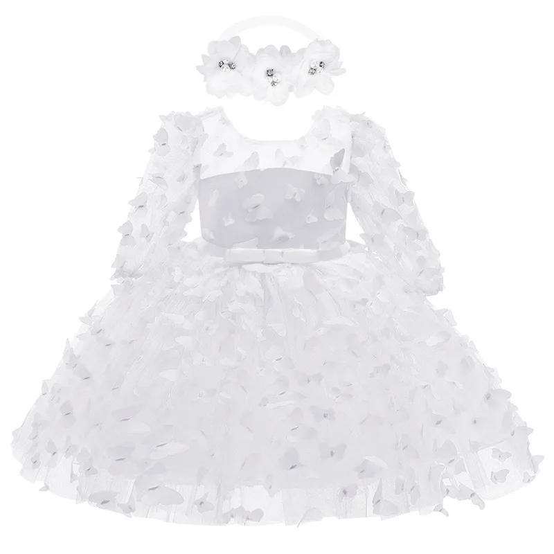 Vestido de manga media para bebé y niño pequeño, diseño de flores tridimensionales, vestido de princesa esponjoso de malla, vestido formal para niños