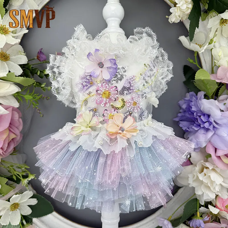

Spring and Summer Color Gradient Star Flash Mesh Princess Dress Dreamlike Purple and Blue Lolita Style Small Dog Dress