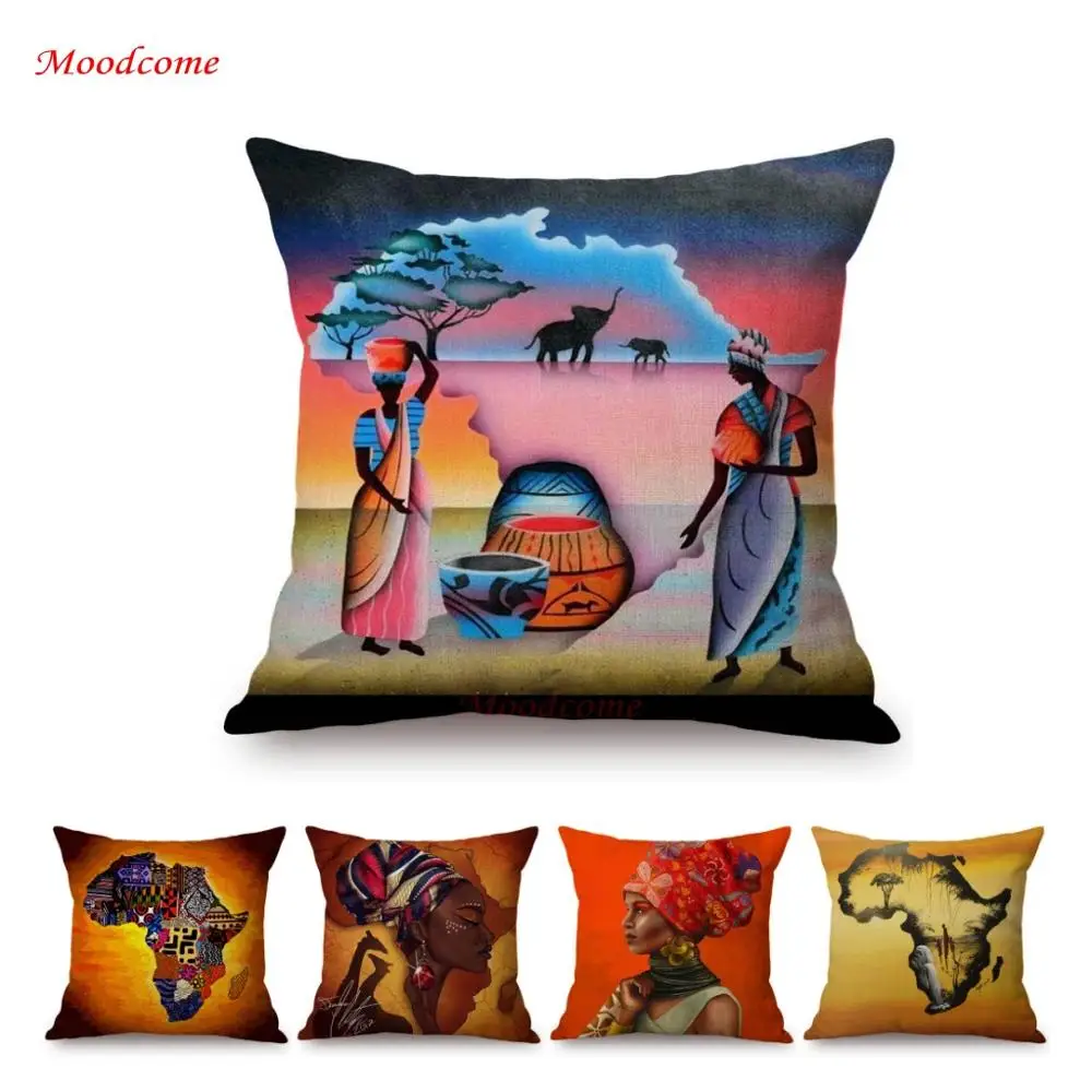 Africa Woman Map Warrior Fair Tale Sofa Throw Pillow Cover Cotton Linen African Art Gallery Decorative Home Chair Cushion Cover