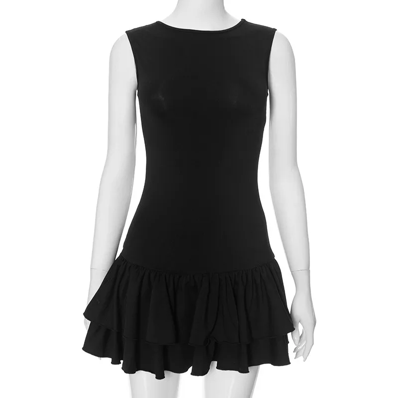 Hirigin-Feminino Ruffle Hem Ruffle Mini Vestido, Sem Mangas, Vestido Tanque Fino em Camadas, Bodycon Gola Redonda, Vestido de verão curto inchado, Y2K