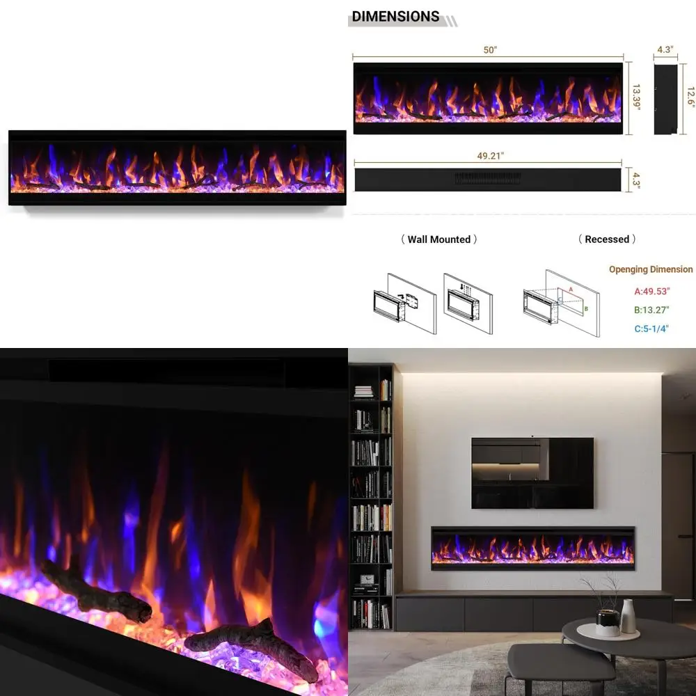 

50 Inch Wall-Mounted Ultra-Slim Electric Fireplace Insert with Narrow Frame Design