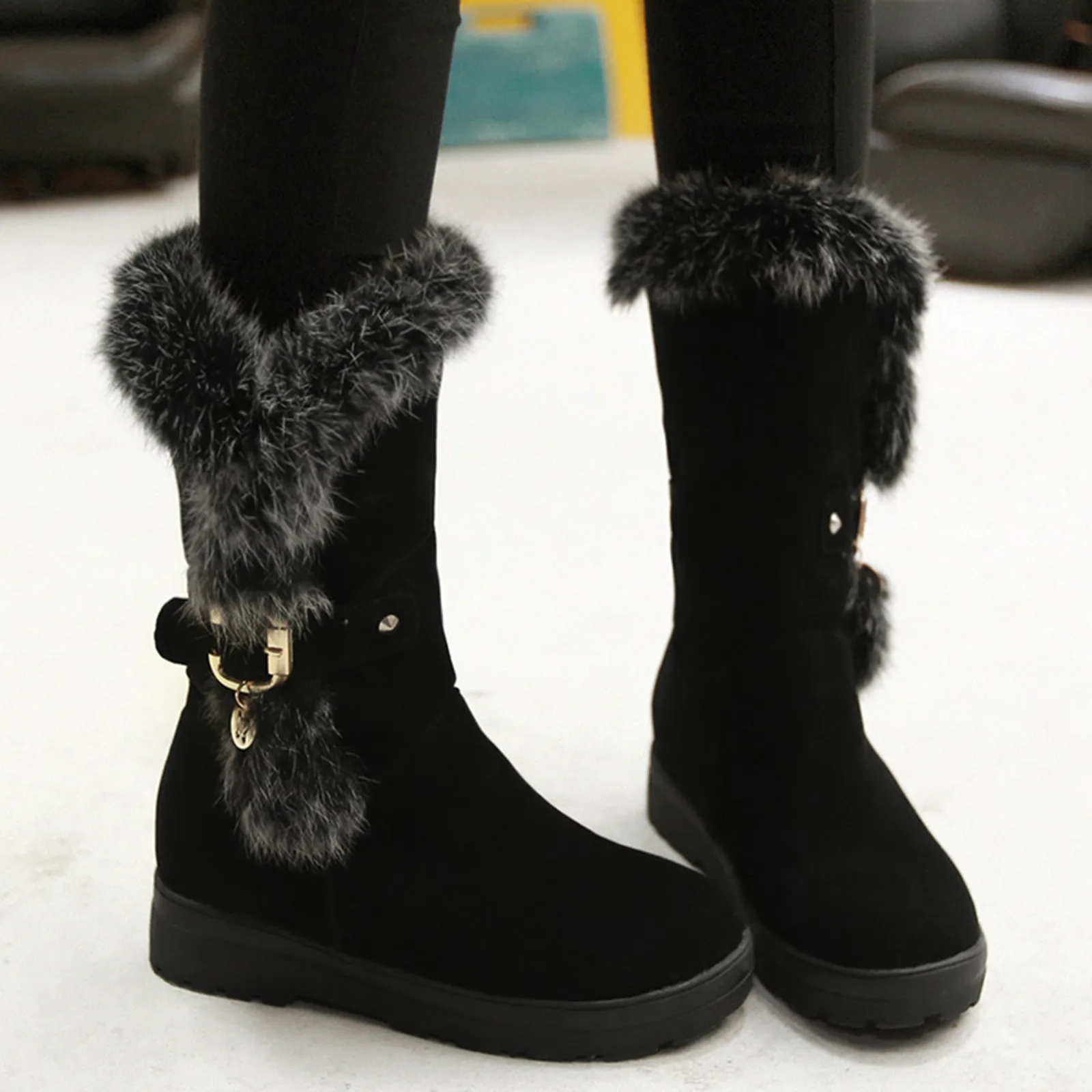 Women's Warm Furry Fleece Belt Cotton Wedge Winter Boots Buckle Fashion Boots Heel women's boots