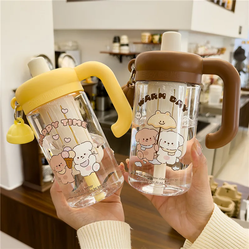 2026 Student Plastic Cup Cute Cartoon Straw Water Cup Large Capacity High Appearance for Girls Summer Cup with Handle