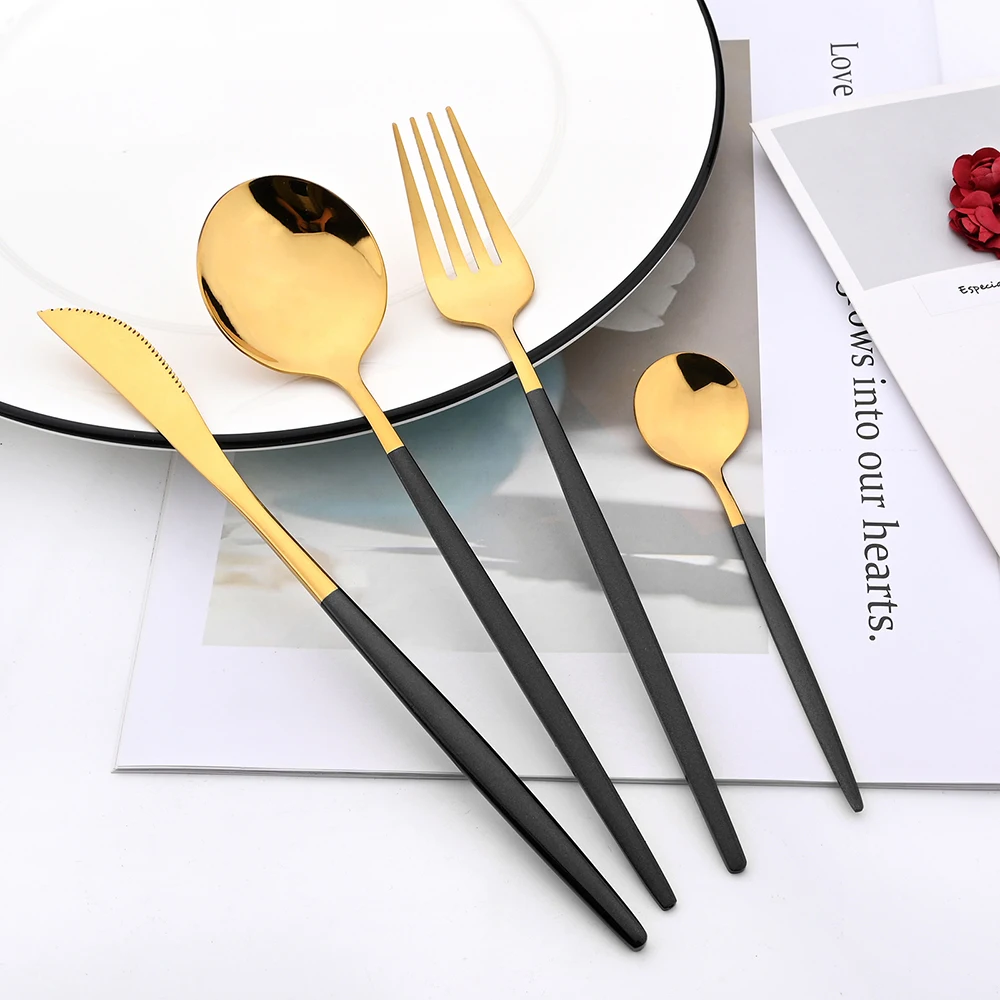 Drmfiy Black Gold Dinnerware Set Stainless Steel Cutlery Set Fork Knife Soup Dessert Ice Spoon Complete Dinner Western Flatwar