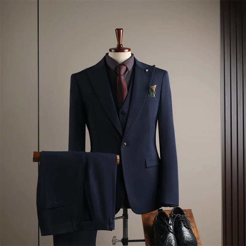

Men Suits Turn Down Collar Single-breasted Blazer Male V-neck Vest Straight-leg Pant Man Simple Business Office 3-piece Suit Set