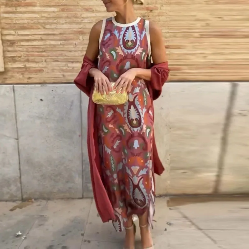 Set da 2 pezzi Boho con stampa etnica retrò per donna, abito lungo senza maniche con scollo a O e cardigan lungo, abiti da vacanza primaverili autunnali