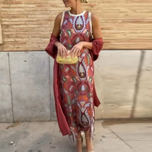 Conjuntos de 2 piezas bohemios con estampado étnico Retro para mujer, vestido largo sin mangas con cuello redondo y cárdigan largo, trajes de vacaciones para primavera y otoño