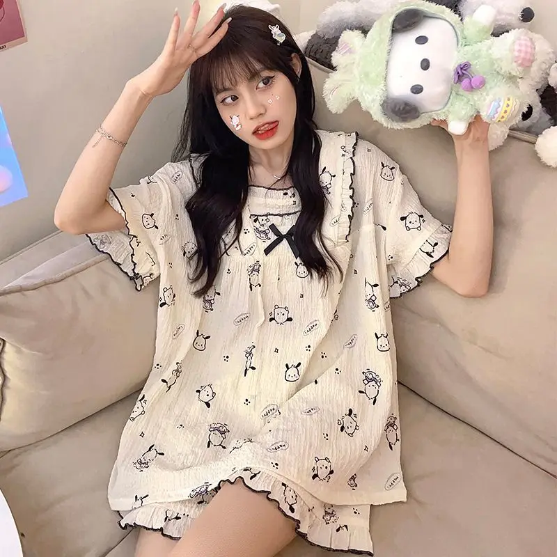 

Sanrio hello kitty Nightdress Girls Summer New Ruffle Bow sleepwear Cute Cartoon kuromi Pajamas Womens loungewear robes