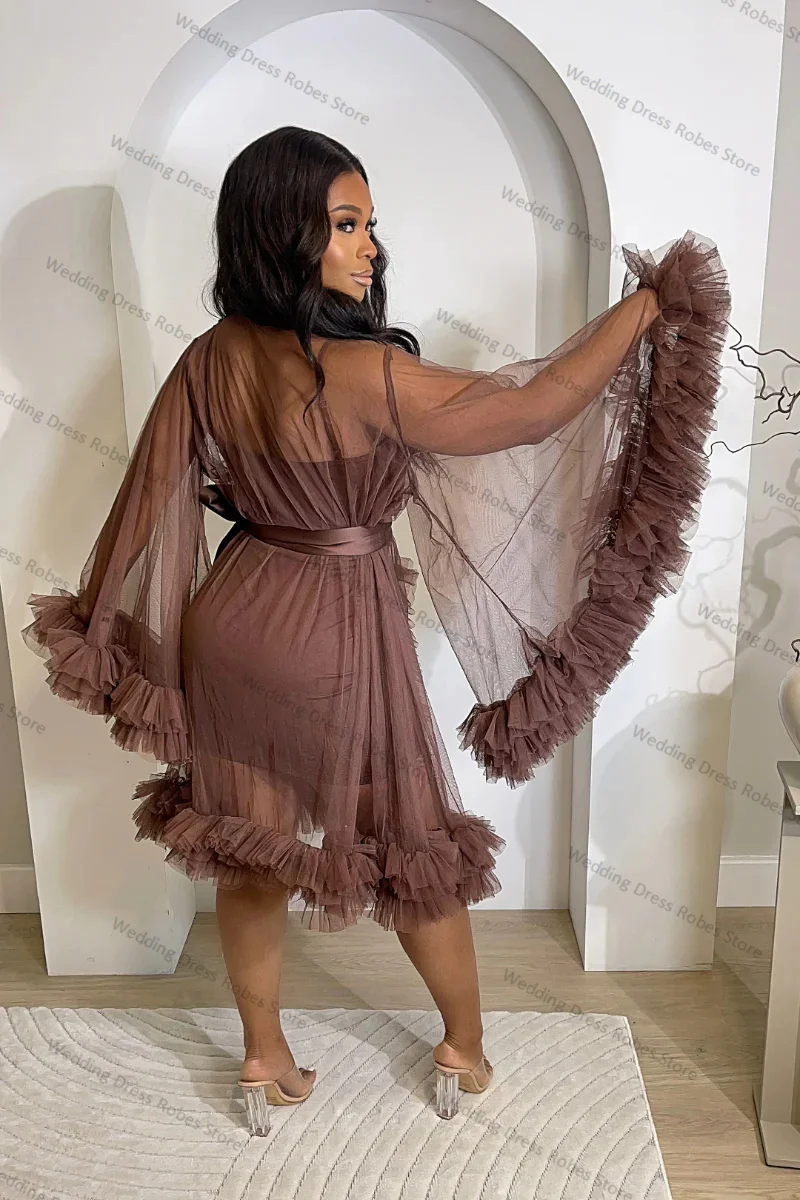 Brown 2 Pieces Wedding Maternity Dress Photography Full Sleeves Short Mini Bride Robe Ruffles Wedding Prom Gowns Customized
