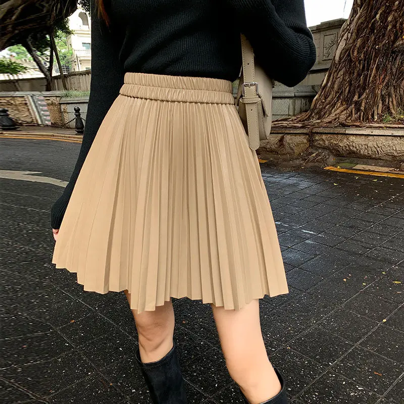 

Women's Autumn and Winter New Fashion Elegant Solid Elastic High Waist Casual Style Versatile Fit A-line Pleated Short Skirt