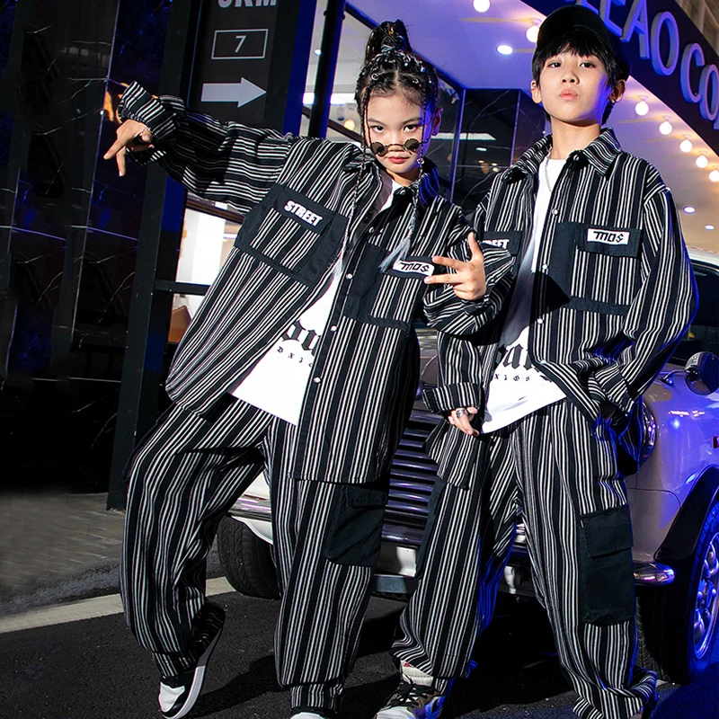 Fashion Black Striped Shirt Pants For Girls Boys Jazz Dance Costumes Kids Hip Hop Clothing Stage Outfits Street Dancewear SL7466