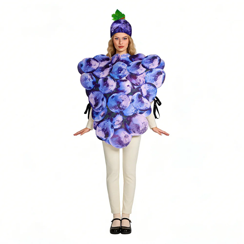 Funny Grape Fruit Costume Halloween Cosplay 3D Realistic Pullover Top Full Set Carnival Fancy Dress Party Stage Roleplay Outfit