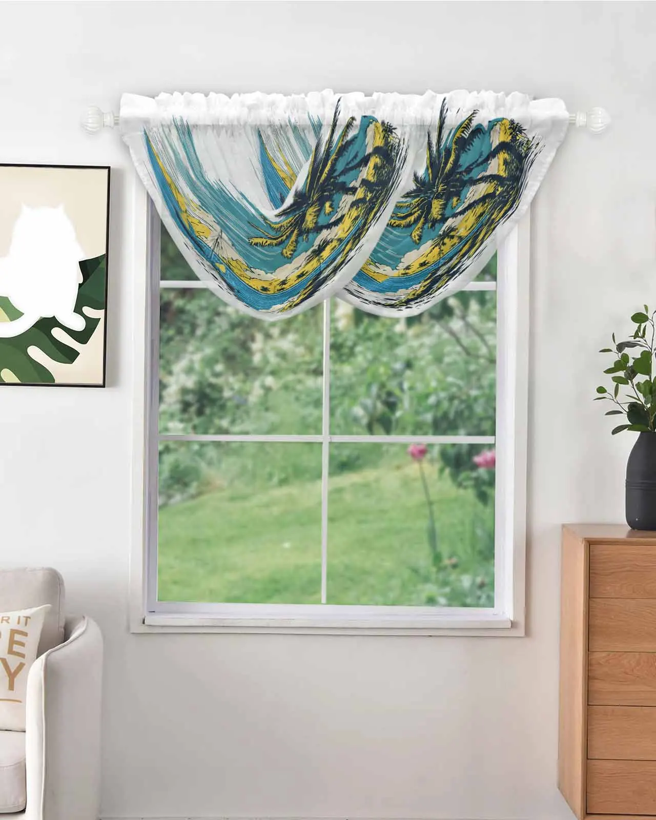 Coconut Tree Beach Sailboat Seaview Graffiti Irregular Design High Quality Voile Window Curtains for Balcony Sheer Drapes