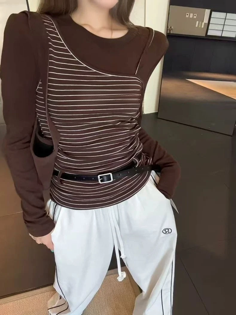 

2026 Women's Striped Top Color Block Two-in-One Shoulder Pad Korean Fall Fashion Blouse