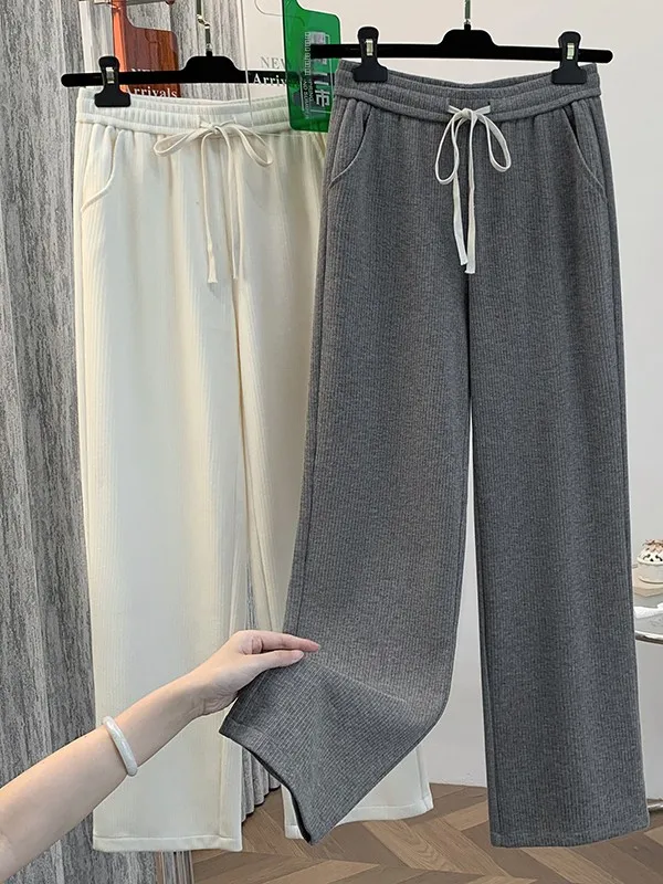 

Повседневные вязаные брюки-палаццо женские с высокой талией, на шнурке, с поясом, струящиеся, универсальные, прямые, спортивные, осенняя мода