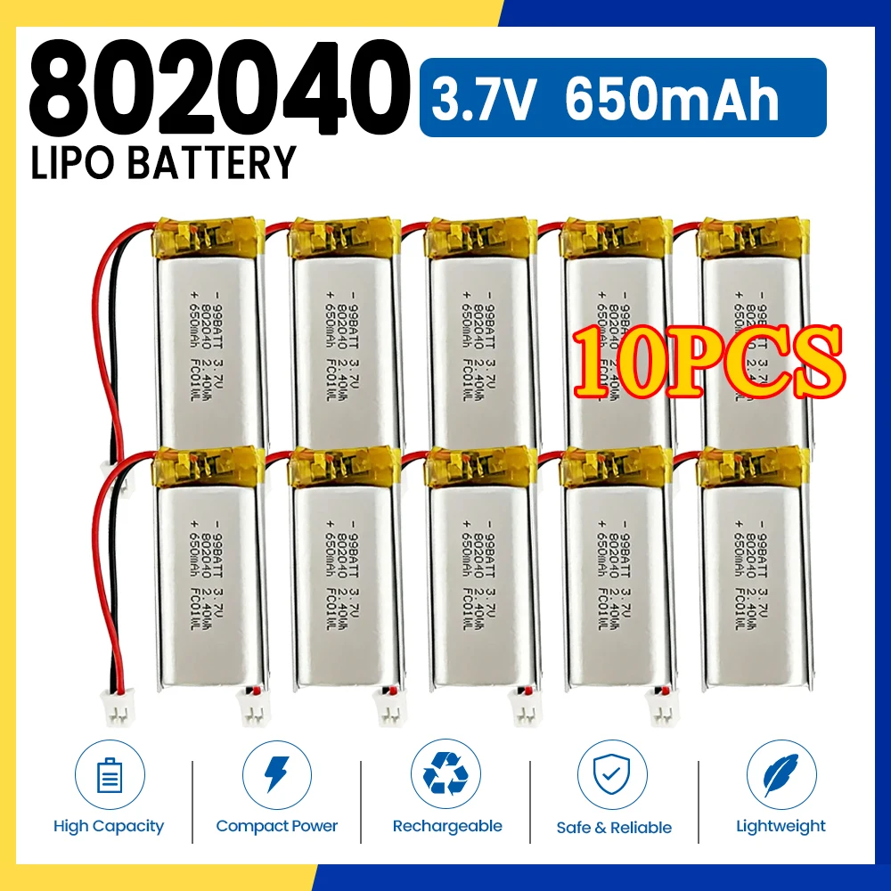 10PCS 3.7V 802040 Battery 650mAh Lipo Rechargeable Cell with PH2.0 for GPS Tracker Bluetooth Earphone Mini Audio Recorder CE