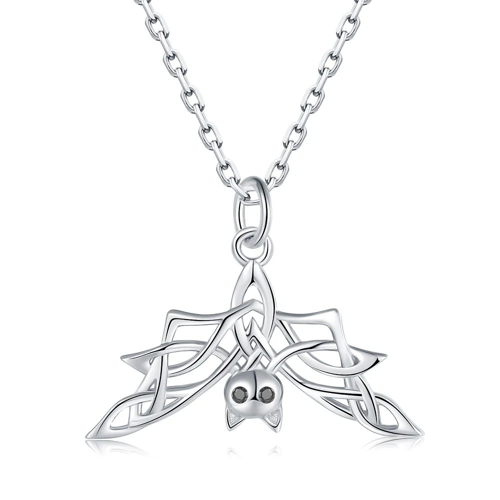 

925-Sterling-Silver Cute Animal Celtic-Knot Hanging Bat Necklace Pendant With Black Cubic Zirconia Halloween Gifts for Women Men