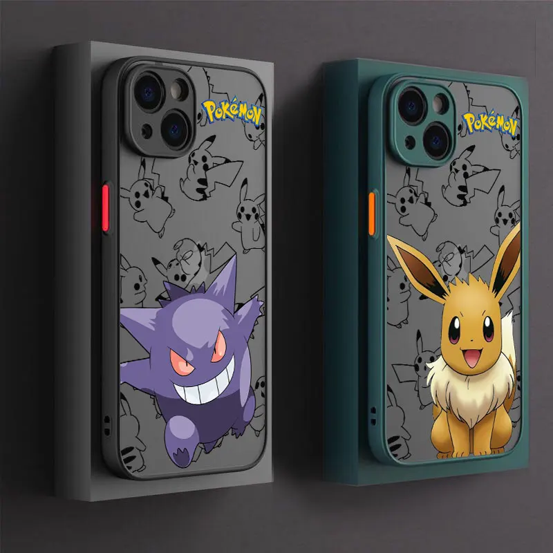 Eevee Gengar Pokemon Anime Telefon Fall Für iPhone 14 15 16 Pro Abdeckung Für iPhone 11 13 Pro max 12 Mini 8 16 Plus Transluzente Funda