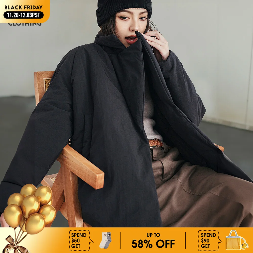 

Maden Women's Cotton-padded Lapel Coat Loose Fit Warm Short Puffer Jacket Casual Commuter Black Korea Parkas Winter Outerwear