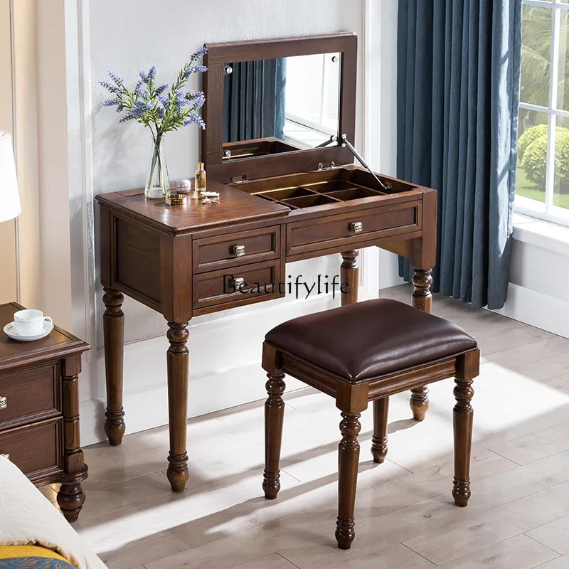 

04ld14 American all-solid wood dresser small apartment ash wood bedroom clamshell makeup table desk
