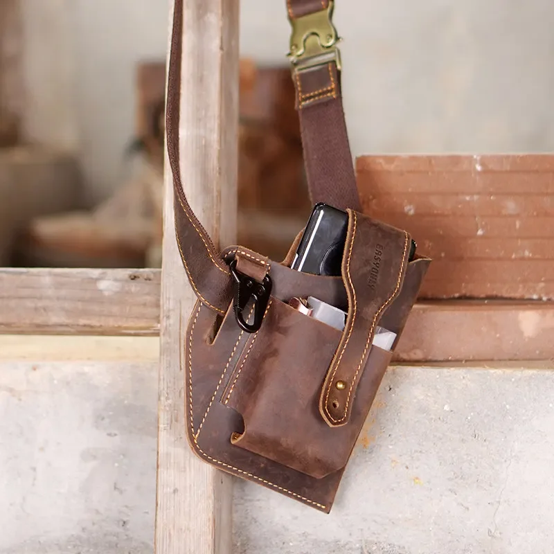Crazy Horse Leather Mobile Phone Bag Belt Tactical Men's Cigarette Case Fanny Pack