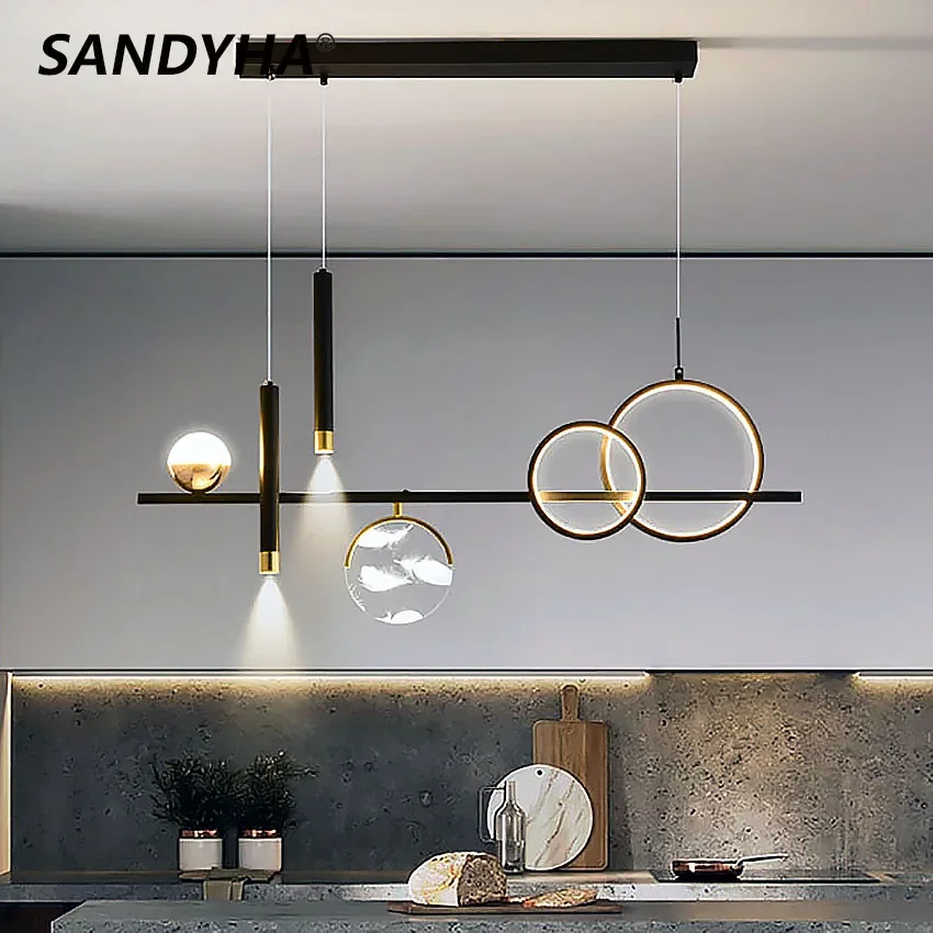 SANDYHA Black Golden LED Chandelier Modern Dining Room Ceiling Light Living Room Table Decor Lighting Lampadario Salon Home