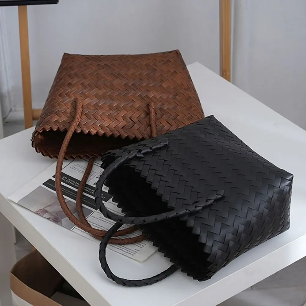 Portable PP Woven Handbags Woven Large Capacity Shopping Tote Bags Bamboo handle Hollow Crochet Bag Female