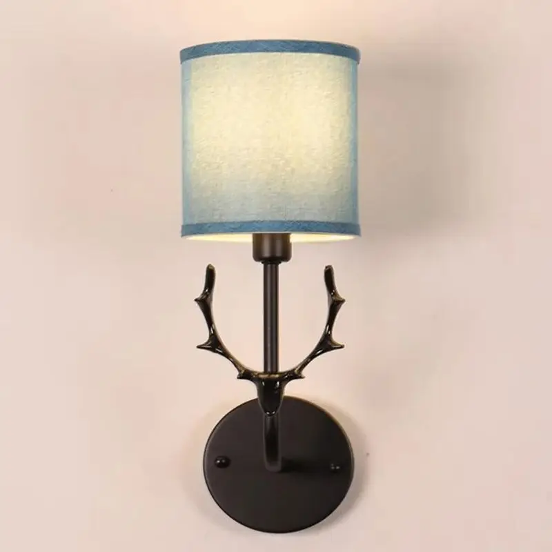 Bedside Antler Wall Light Fixture with White / Blue Cloth Lampshade Wall Mounted Sconce Indoor Farmhouse Bathroom Light Fixtures