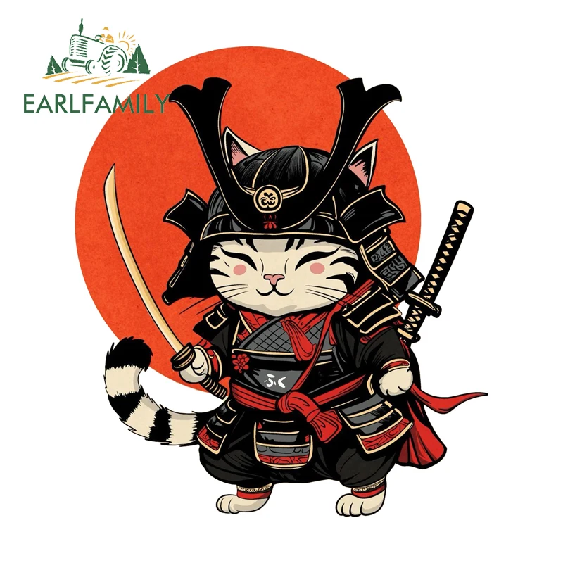 EARLFAMILY Samurai Neko Cat Funny Cartoon Car Sticker Creative  Fish Boat Decal PVC Waterproof Windshield Custom Printing