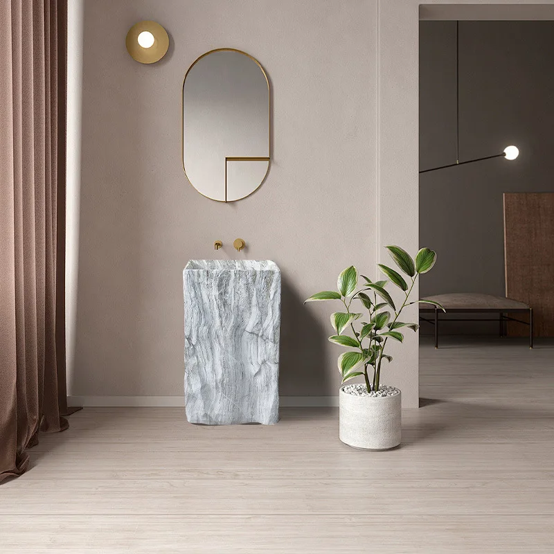 

Light luxury hotel B & B bathroom column wash basin marble pattern floor art column basin customization
