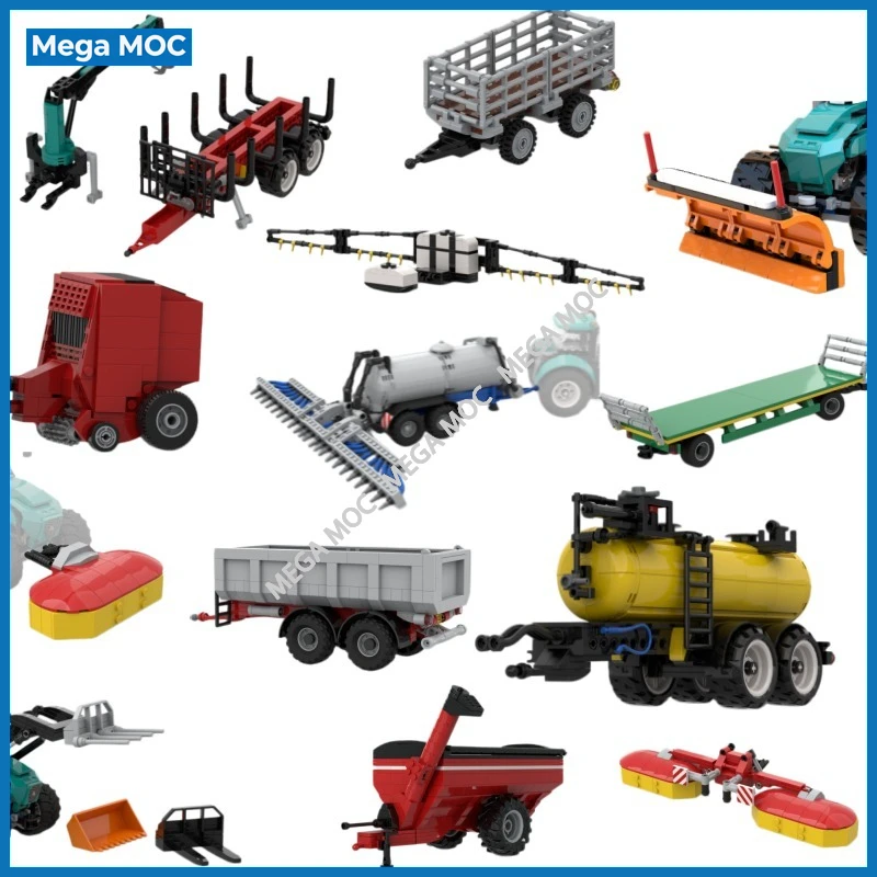 Grain Cart, Water Tank, Haybale Trailer, Farm Trailer, Round Baler for Tractor 60498 MOC Building Blocks Hobby Display Model