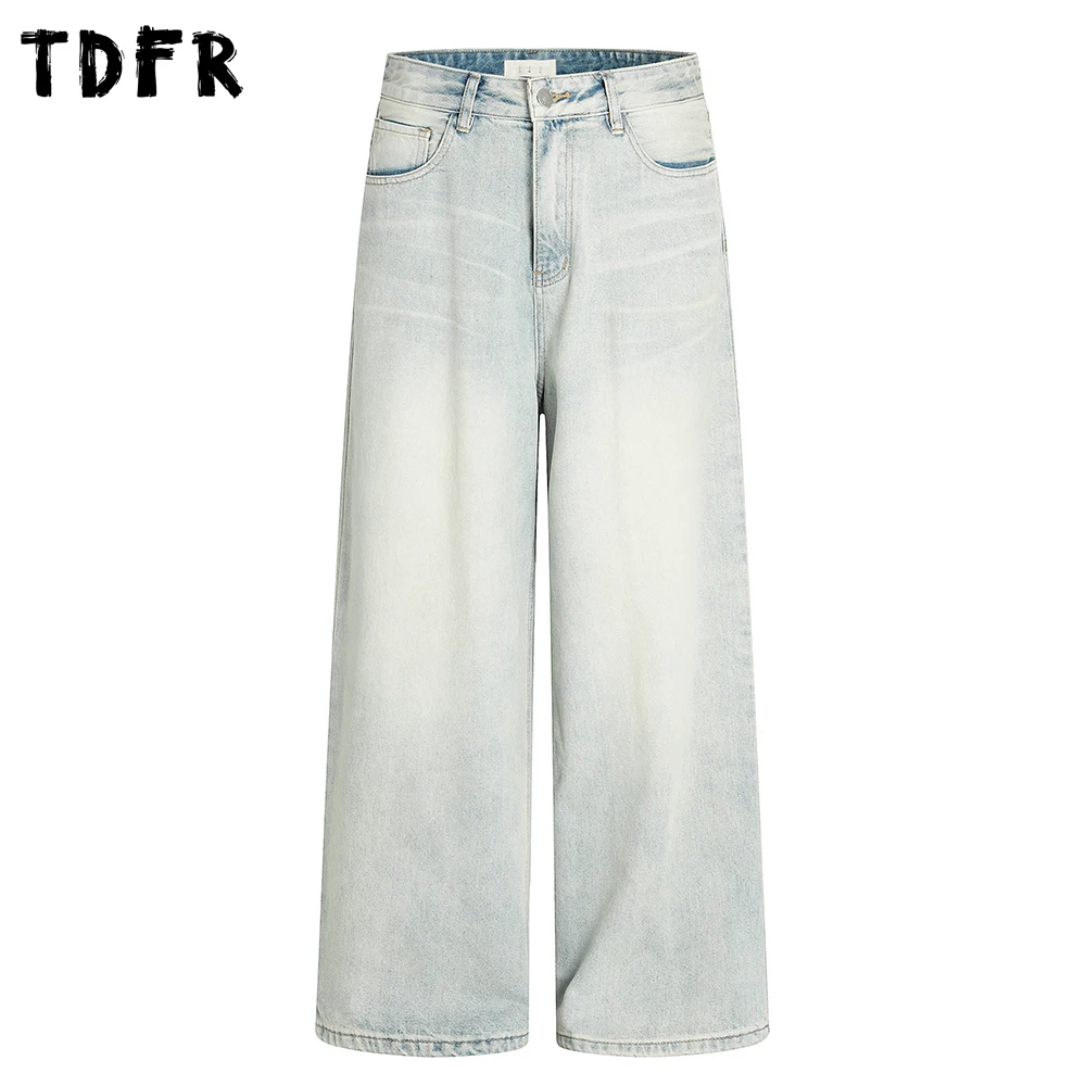 レトロシンプルなウォッシュ加工デニムパンツメンズポケットストリートルーズストレートレッグワイドレッグジーンズ男性
