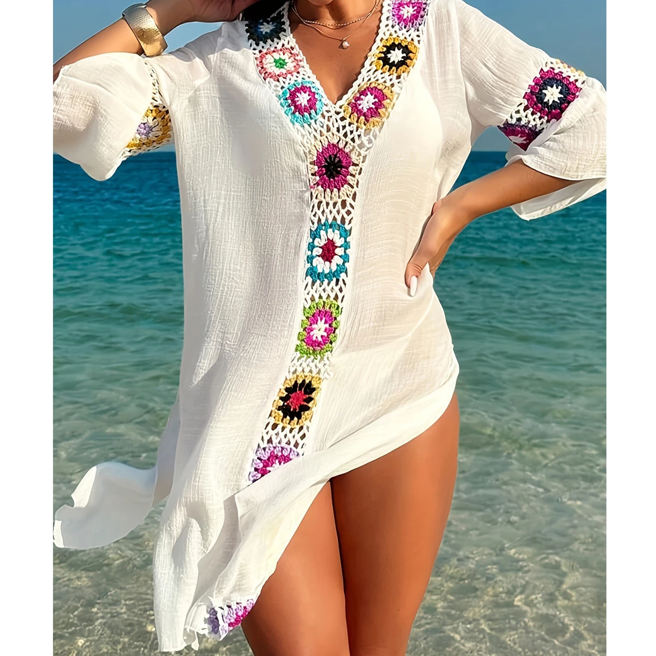 Robe transparente décontractée de vacances, blouse de protection solaire respirante, Style à la mode, Crochet à la main, bloc de fleurs, vêtements de plage, couverture de plage