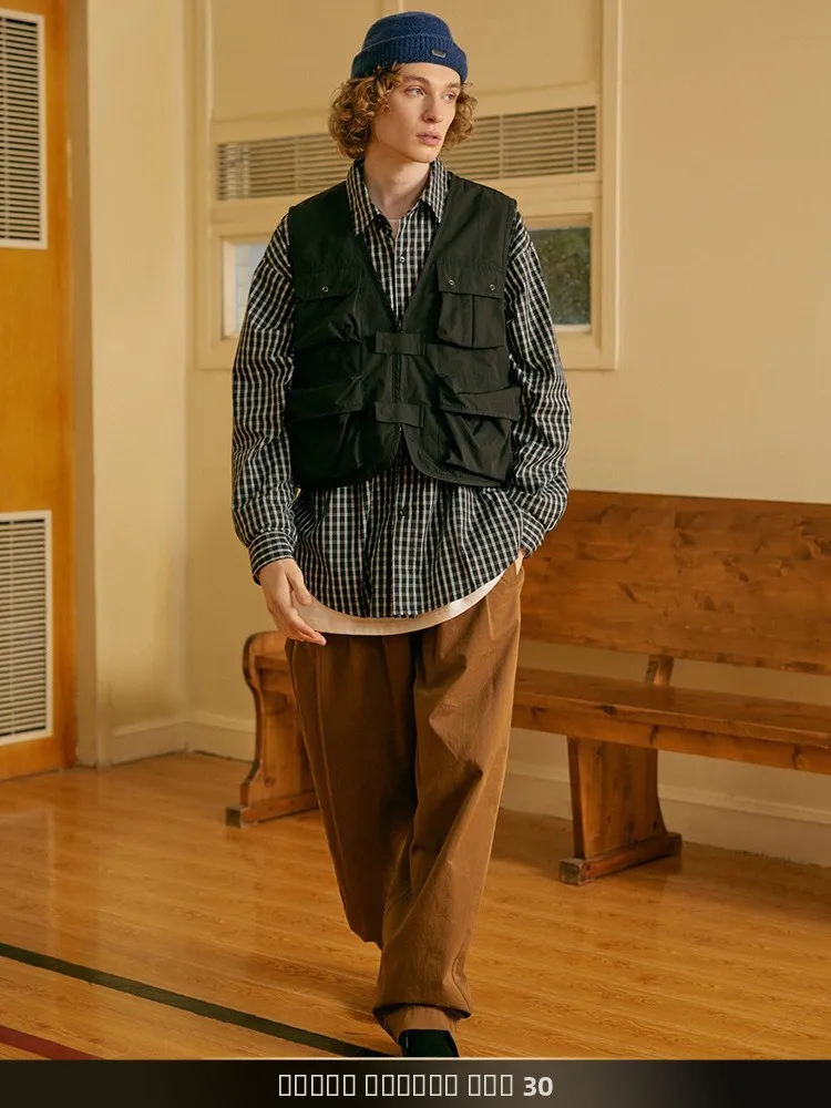 

NTED Autumn New Men's y Workwear Vest Stand Collar Outdoor Functional Sle American Jaet Loose Fit ort Sve Zipper