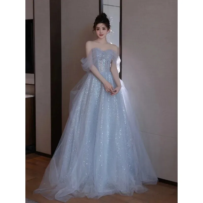 فستان سهرة أزرق بكتف واحد للنساء، تنورة طويلة لحفلات أعياد الميلاد للبالغين #1