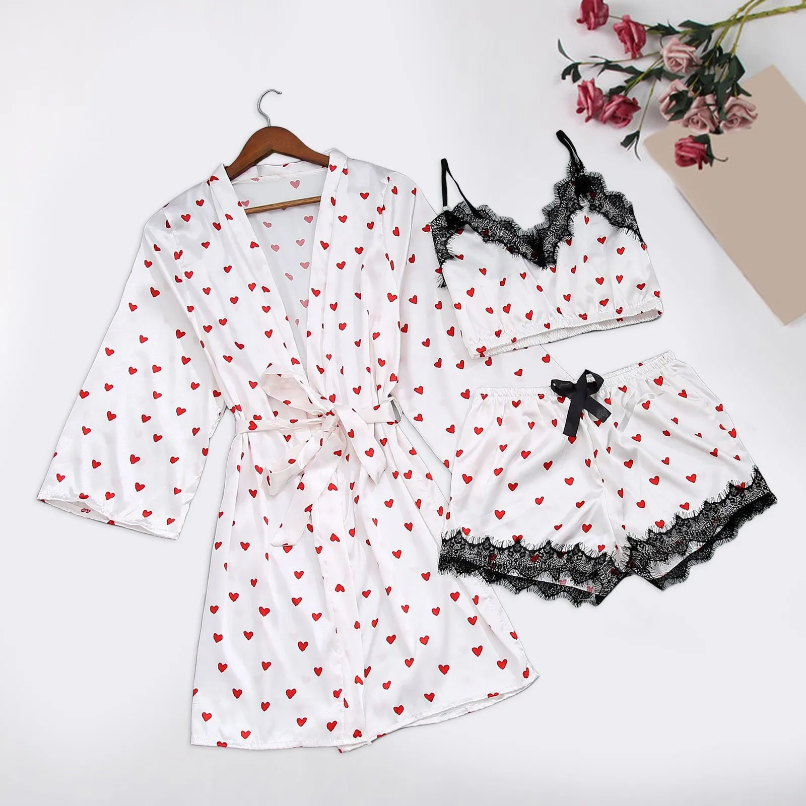 3pcs Women\'S Sleepwear Sexy Pajama Set Printed Lace V-Neck Pyjamas Sleeveless Cute Cami Top And Shorts Lingerie Underwear Set