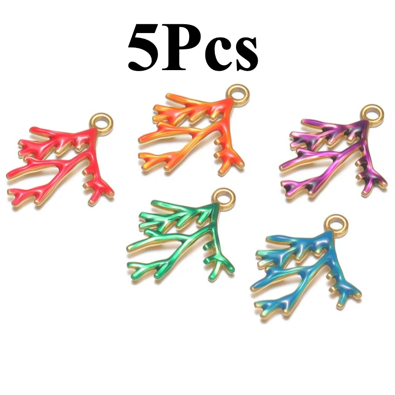 5Pcs Stainless Steel Enamel Little Coral Charms Flame Pendant for Jewelry Making DIY Necklace Earrings Keychain Accessories