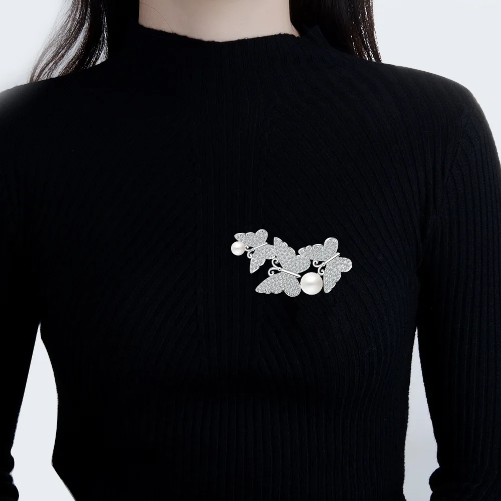 Luxury Butterfly Pearl CZ Crystal 925 sterling silver Brooches for Women Wedding Suit-coat Insect Broches Pins Party Jewelry