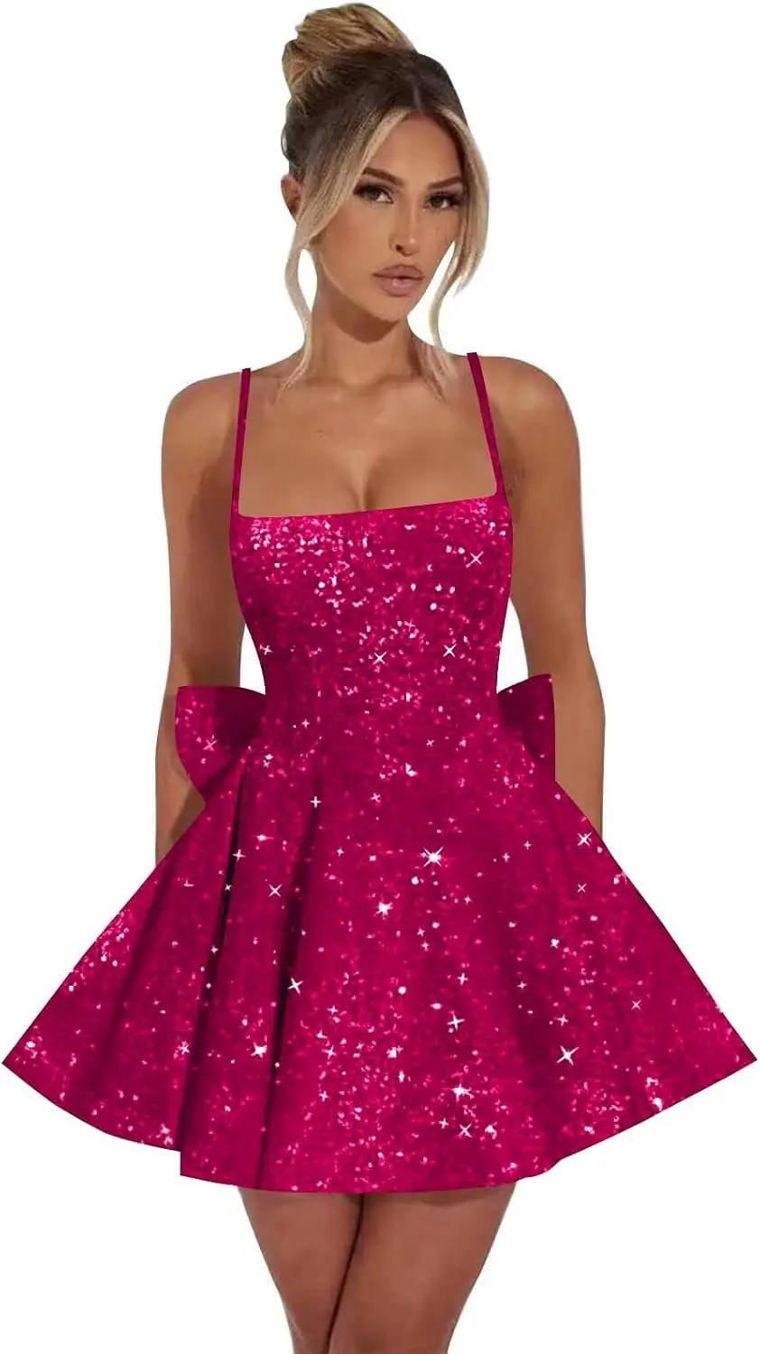 

Sequin Square Neck Homecoming Dresses Short Spaghetti Straps Prom Dress Glitter Teens Cocktail Party Gowns Above Knee , Mini