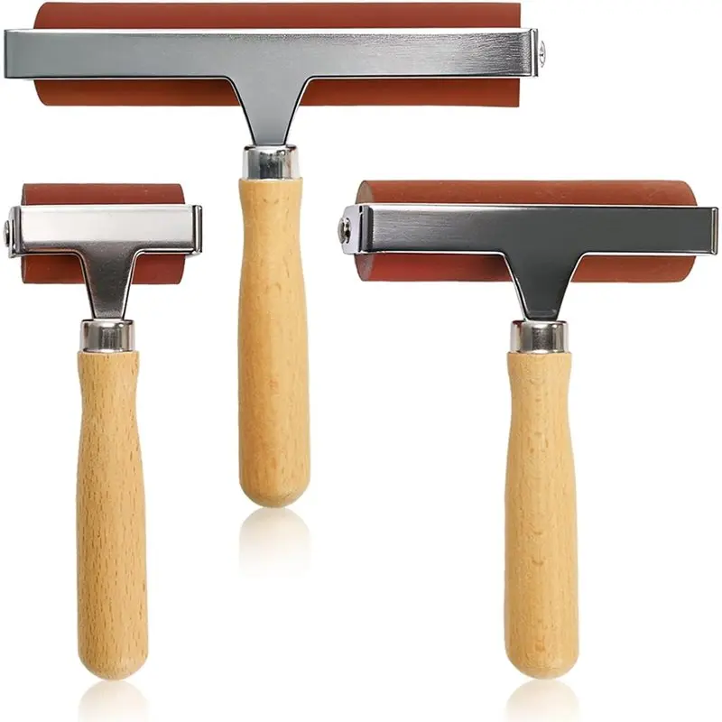 A01F-For Stamping, Wallpapers, Tape Compatible 3 Sizes Rubber Brayer Roller- 6, 4, 2 Inch Soft Printmaking Tools With Wood Handl